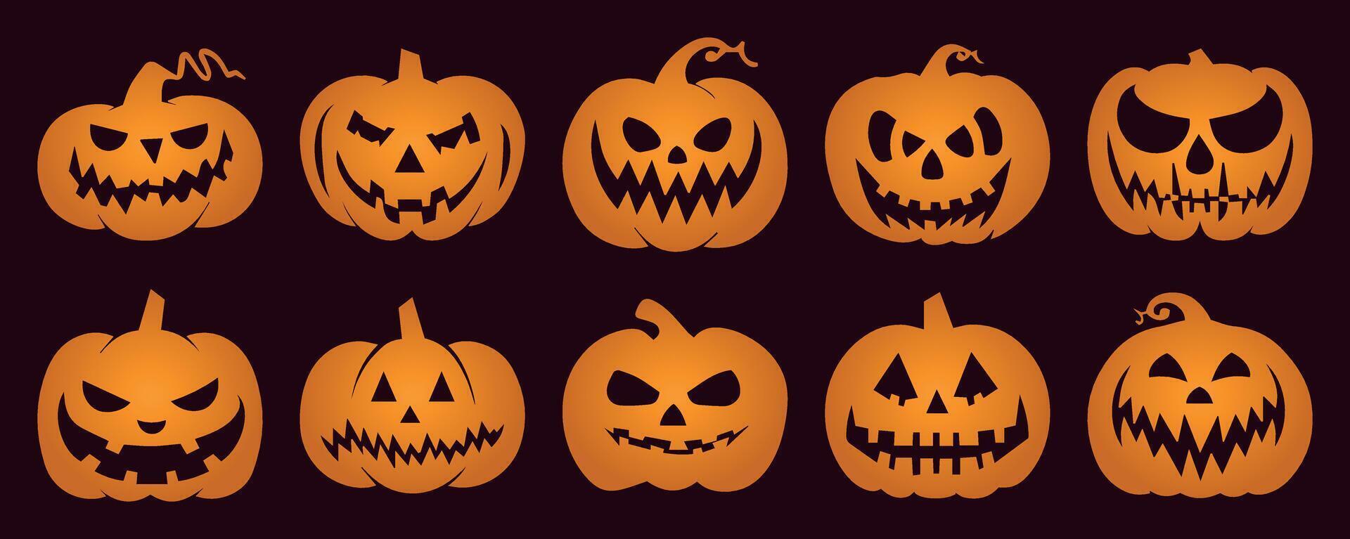 Scary Pumpkin Icons. Halloween Silhouette Collection with Different Faces. Jack-o'-lantern Illustrations Isolated on Solid Background for October Party and Thanksgiving Decor. vector