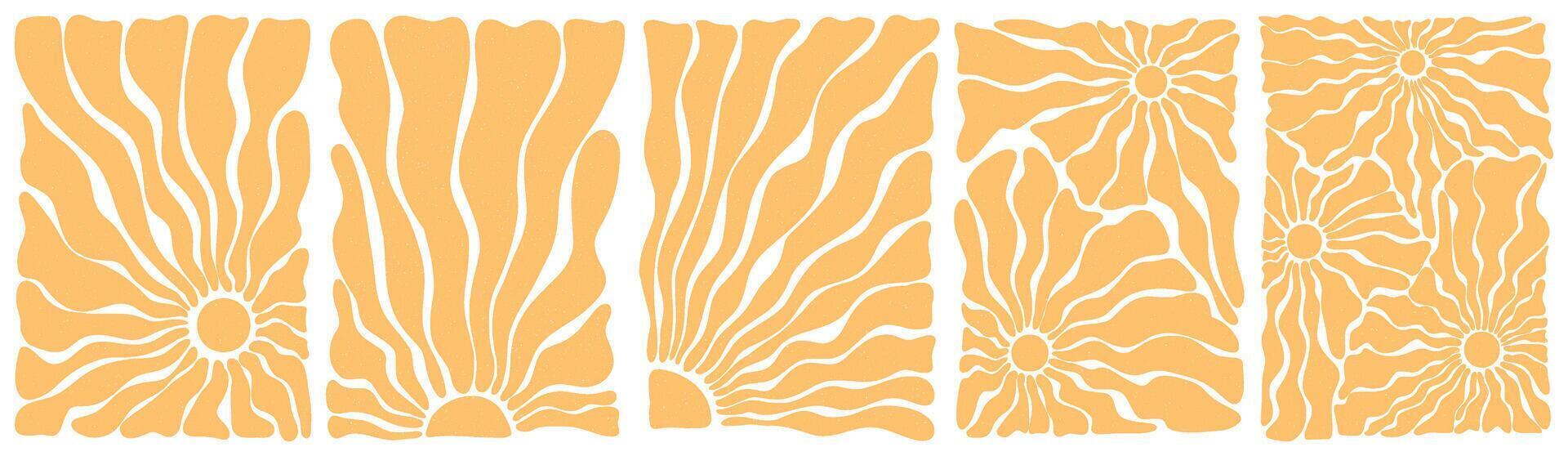 Groovy retro abstract sun backgrounds with vintage grainy texture. Sun groovy vertical design elements set. Groovy sunburst. Matisse sun background. Various sun burst hippie posters hand drawn waves vector