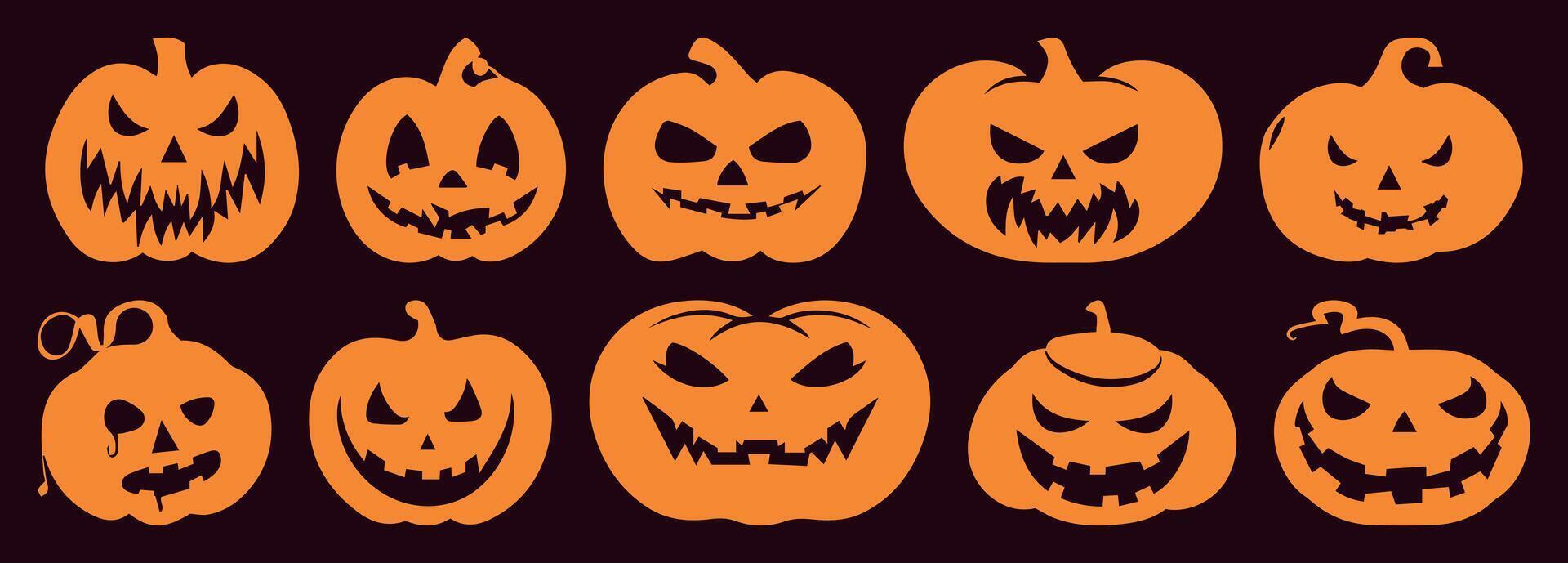 Scary Pumpkin Icon Set. Halloween-Themed Silhouettes with Cut Out Faces. Illustrations of Fearful and Smiling Jack-o'-lanterns. Isolated on Solid Background for Party and Clip Art Use. vector