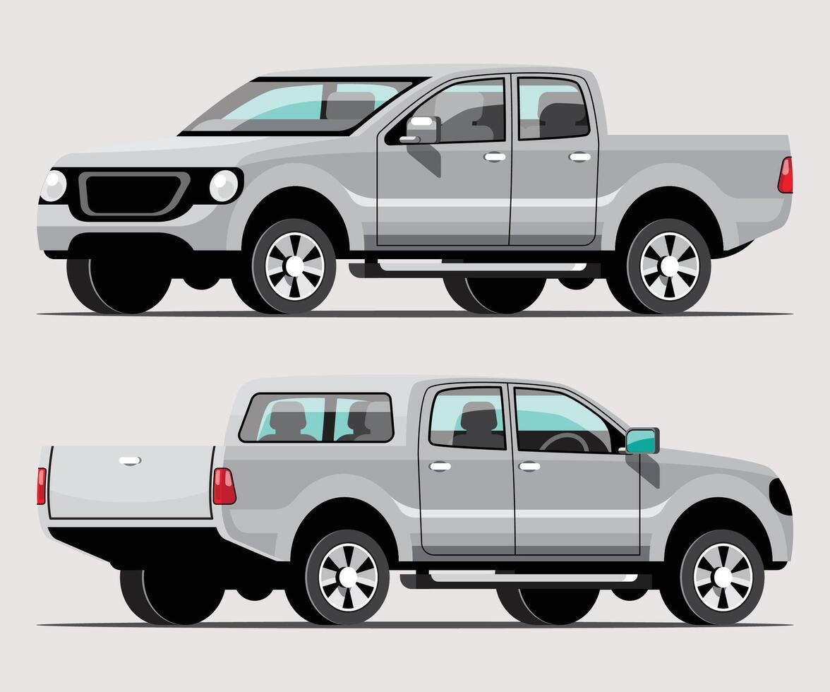Set of pickup truck car view on white background, illustration, Side, front, and back vector