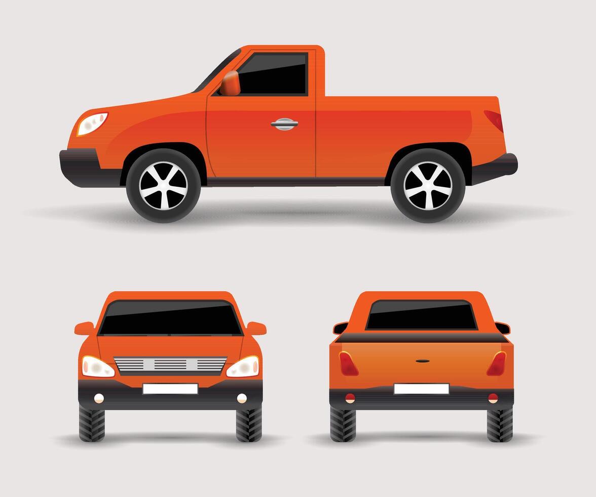 Set of orange pick up truck car view on white background, illustration , Side, front, back vector