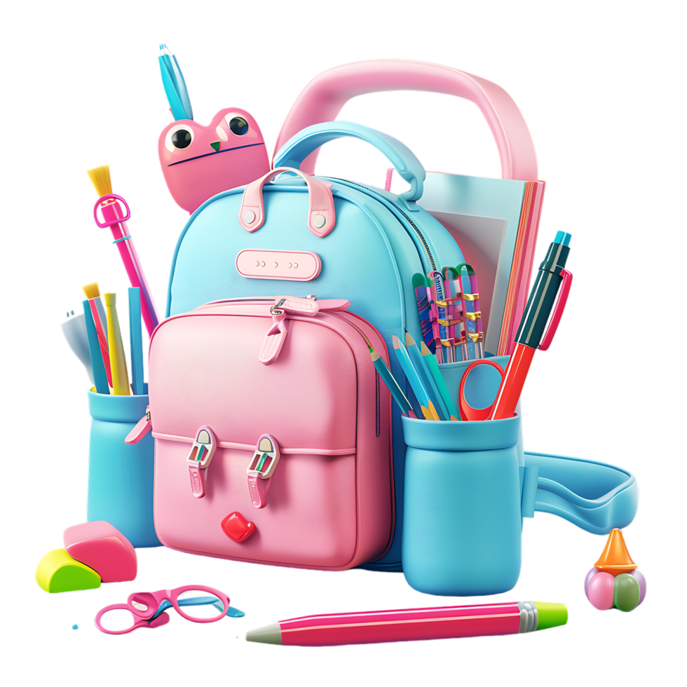 3D backpack with various school stationery illustration png