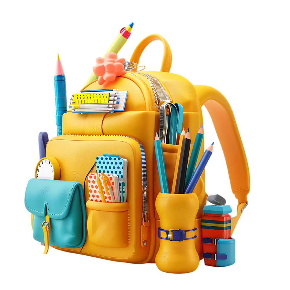 3D backpack with various school stationery illustration png