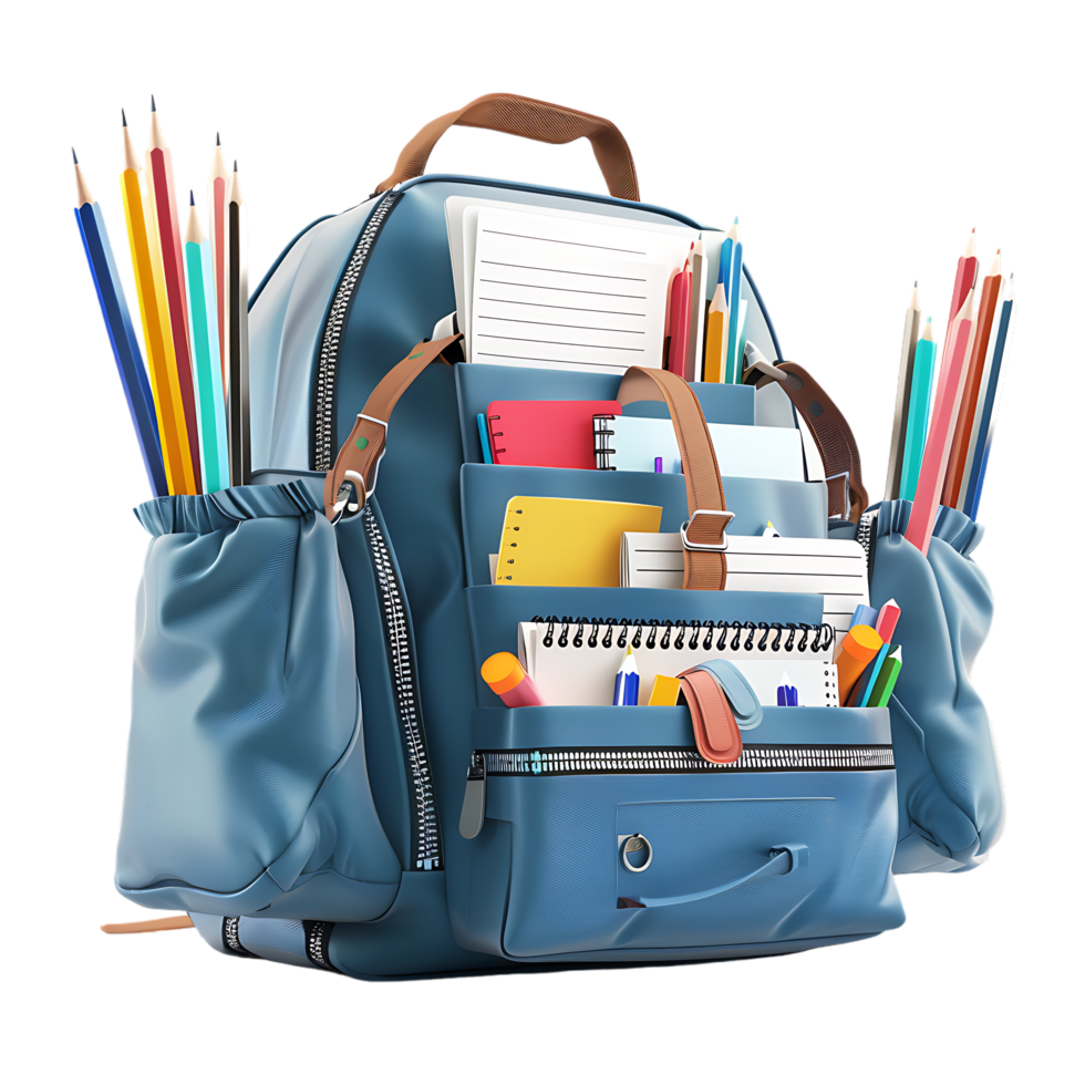 3D backpack with various school stationery illustration png