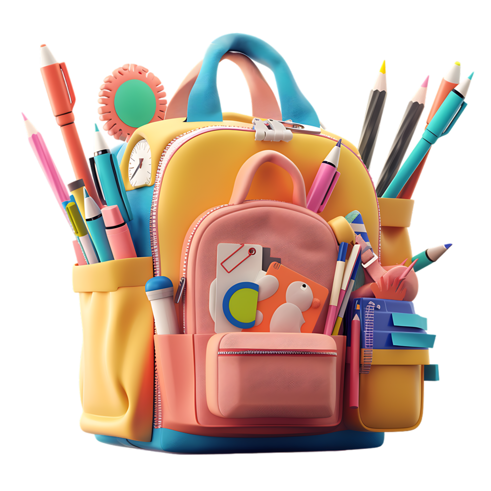 3D backpack with various school stationery illustration png