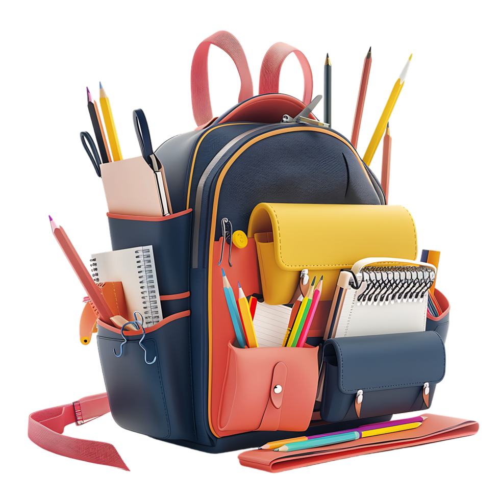 3D backpack with various school stationery illustration png