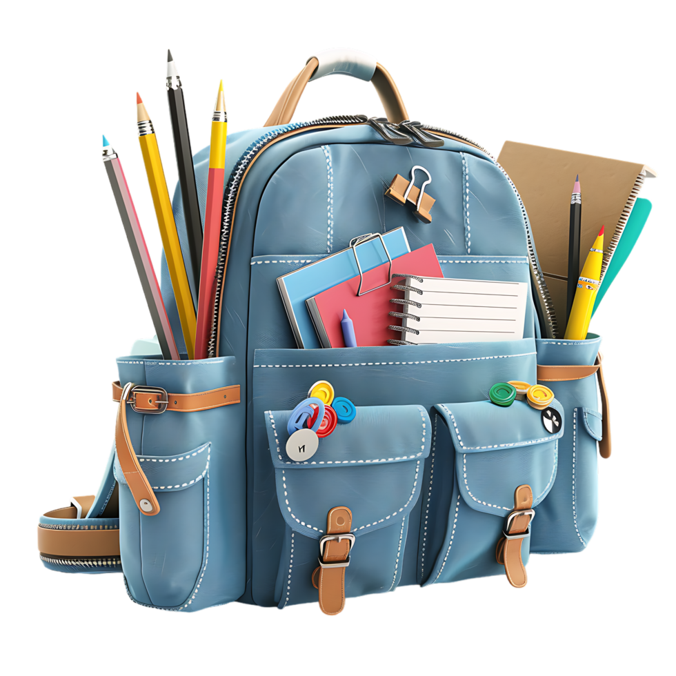 3D backpack with various school stationery illustration png