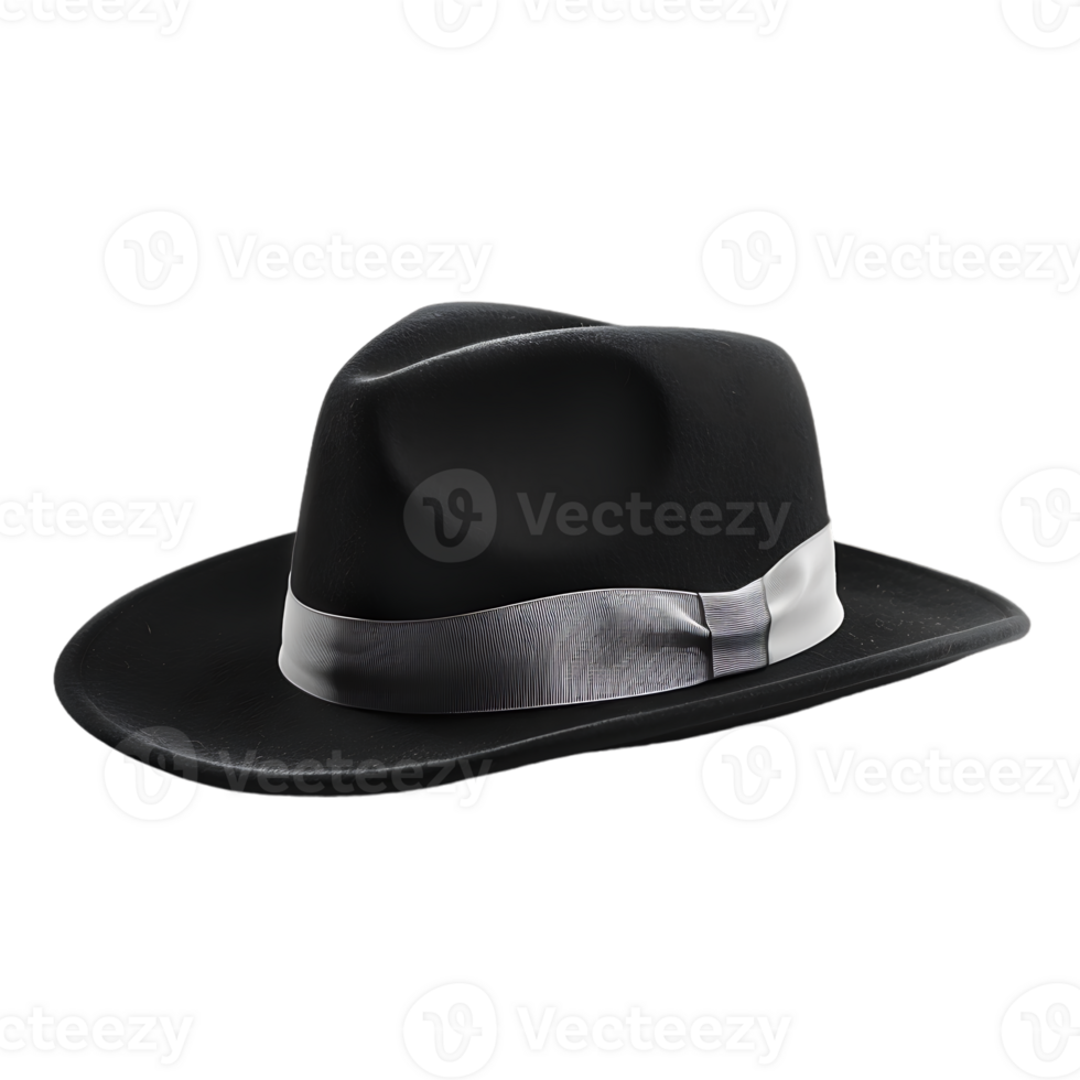 A black hat with a white band on it against a transparent background png
