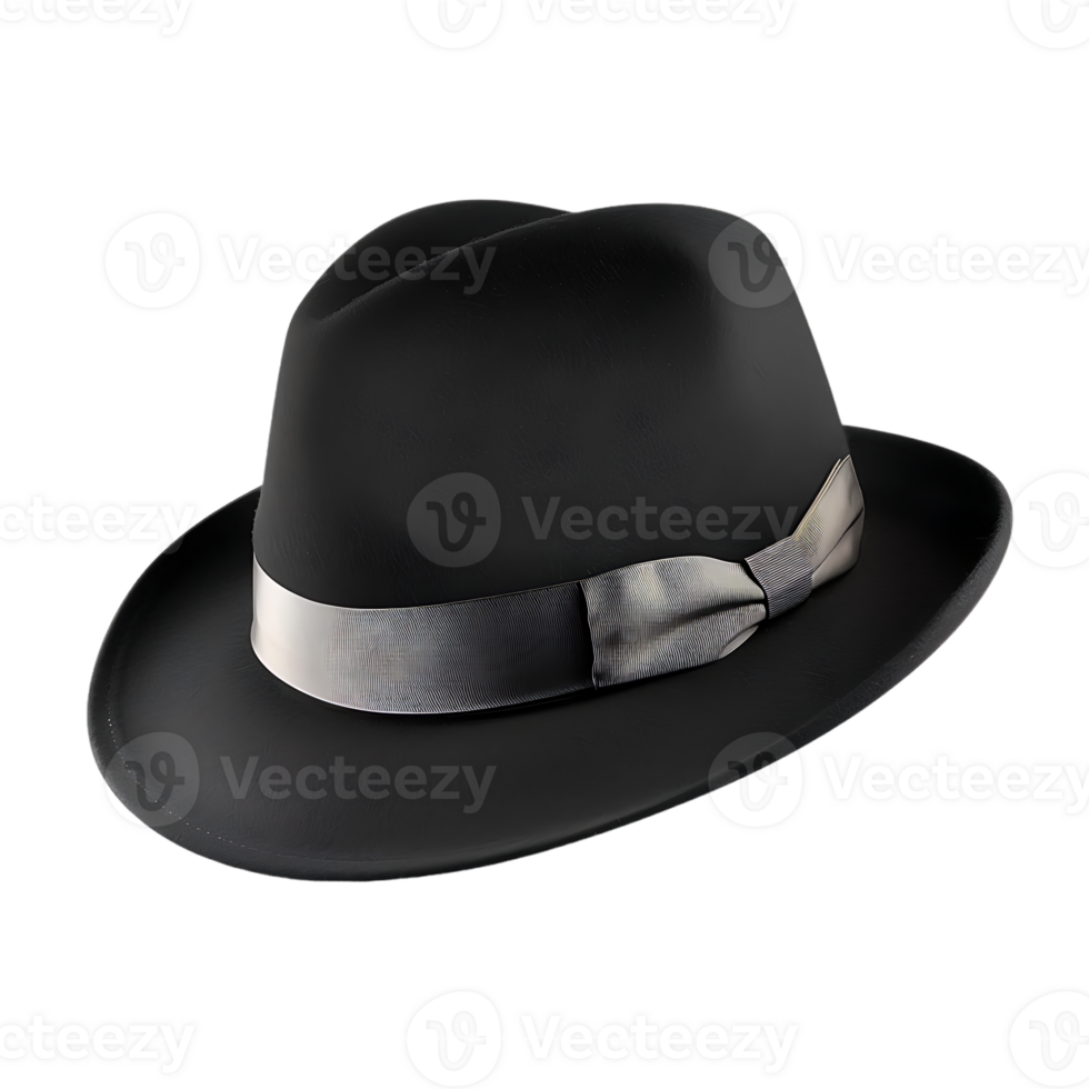 A black hat with a white band on it against a transparent background png
