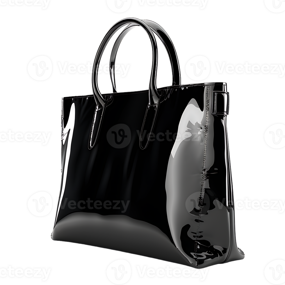A black shiny bag with a handle isolated against a transparent background png