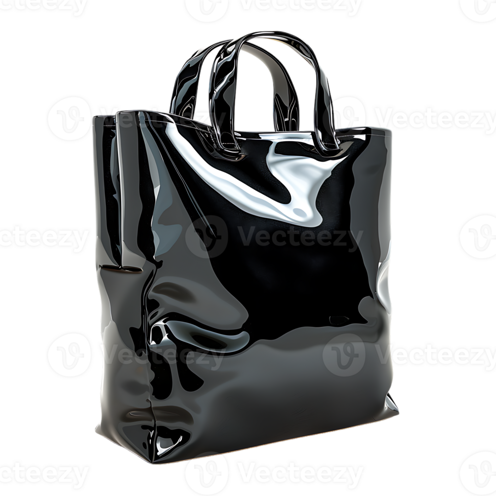 A black shiny bag with a handle isolated against a transparent background png