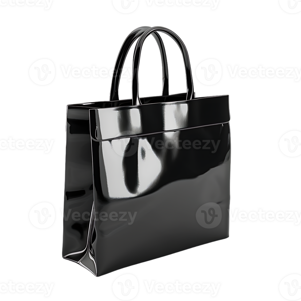 A black shiny bag with a handle isolated against a transparent background png