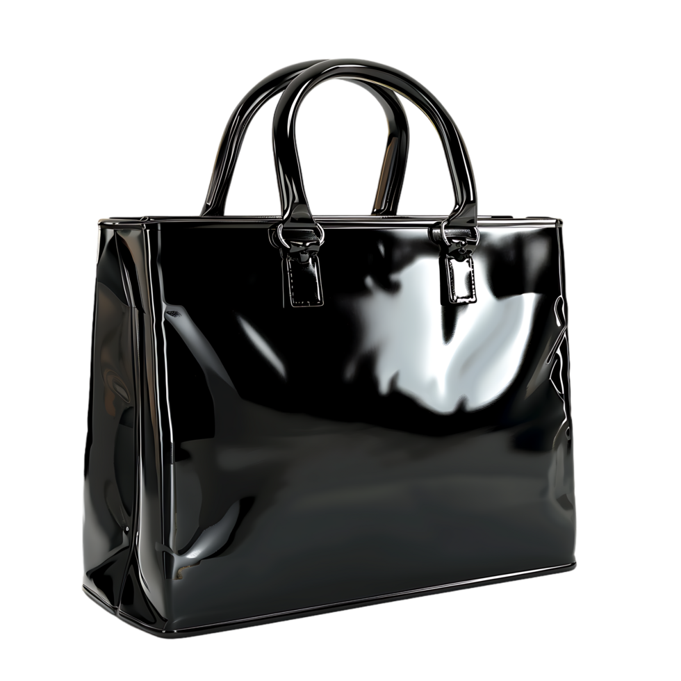 A black shiny bag with a handle isolated against a transparent background png
