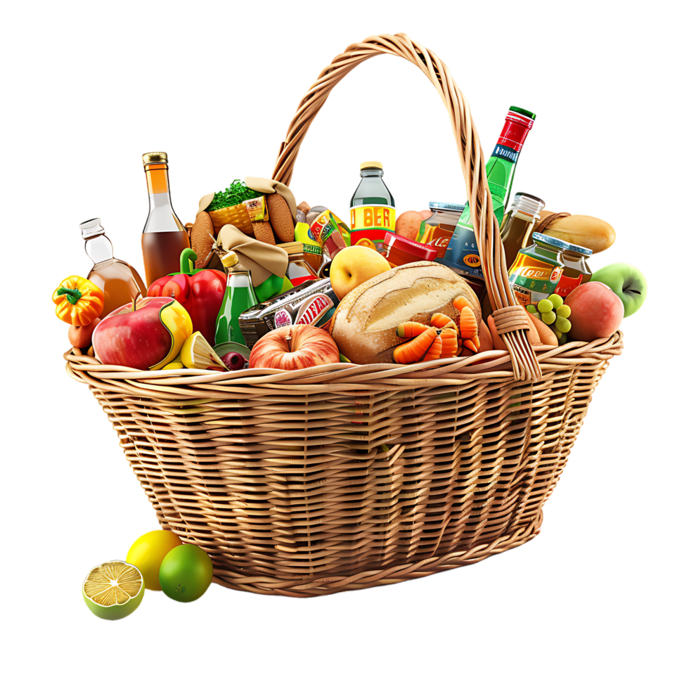 3D market basket full of products isolated on a transparent background png