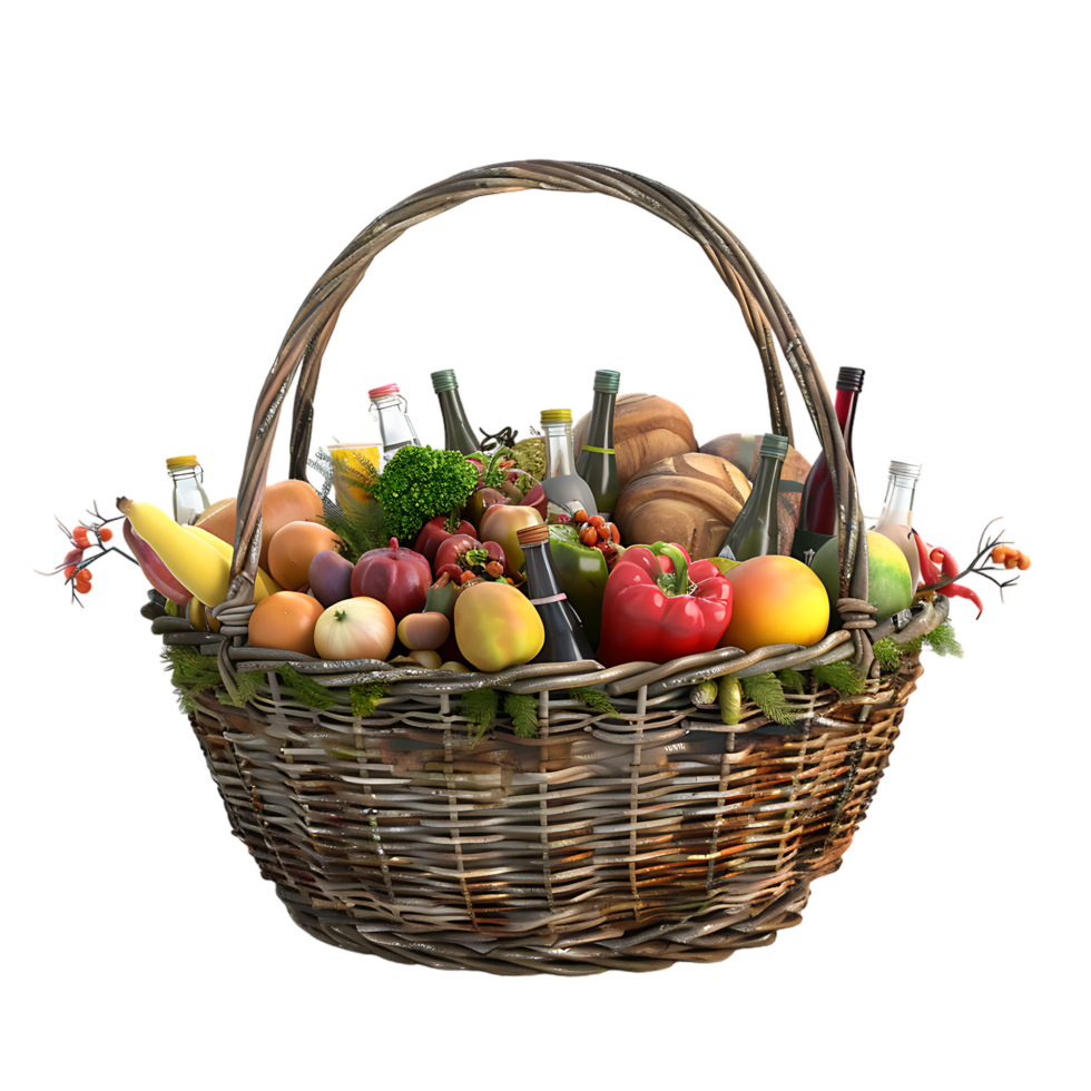3D market basket full of products isolated on a transparent background png