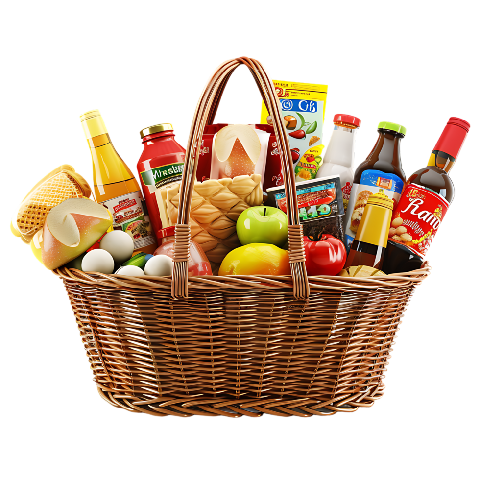 3D market basket full of products isolated on a transparent background png