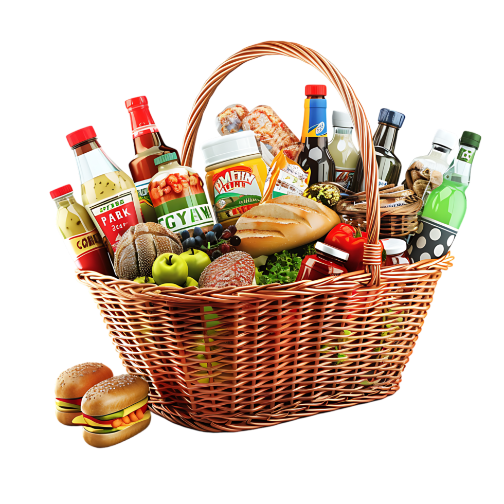 3D market basket full of products isolated on a transparent background png