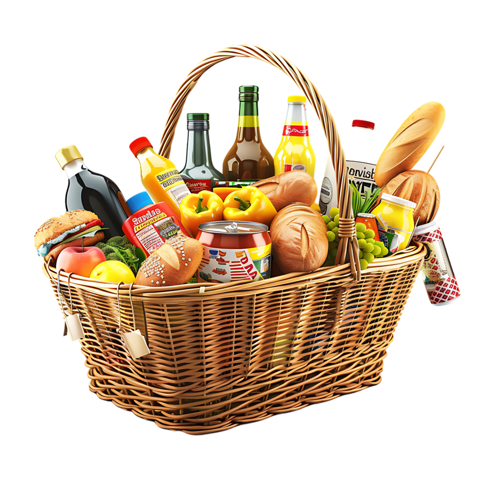 3D market basket full of products isolated on a transparent background png