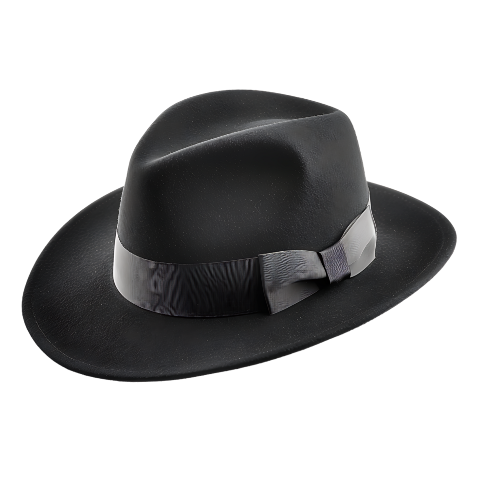 A black hat with a white band on it against a transparent background png