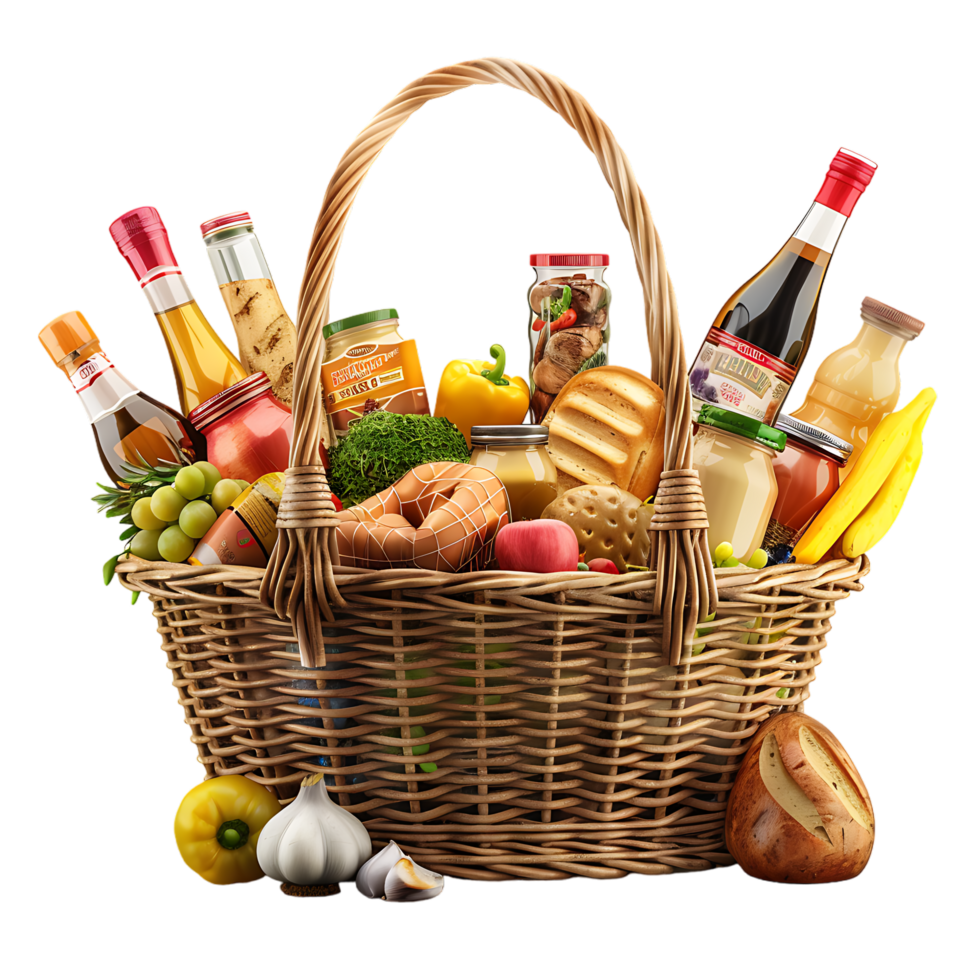 3D market basket full of products isolated on a transparent background png
