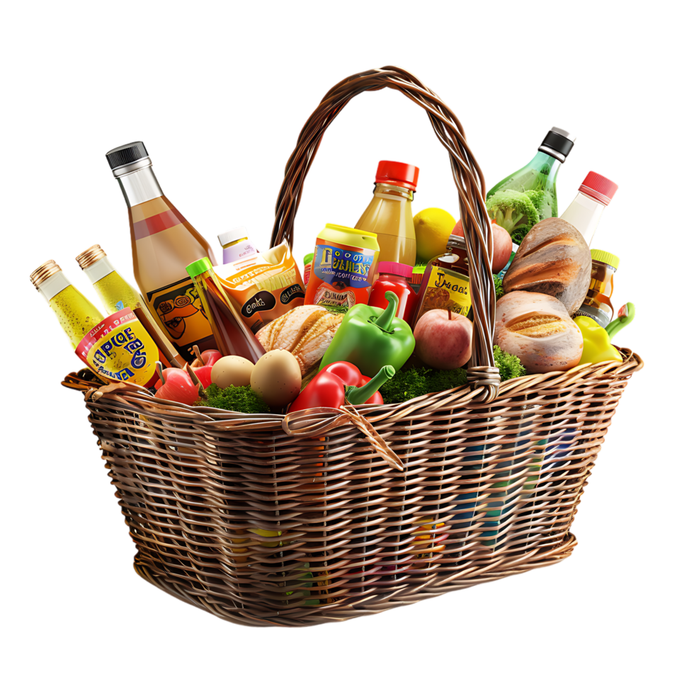 3D market basket full of products isolated on a transparent background png