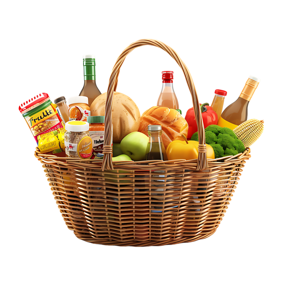3D market basket full of products isolated on a transparent background png