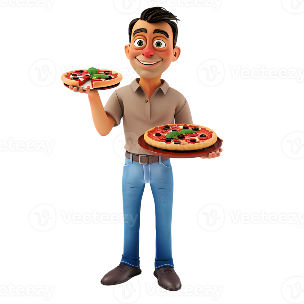 A cartoon character holds a pizza while a man stands isolated in the background png