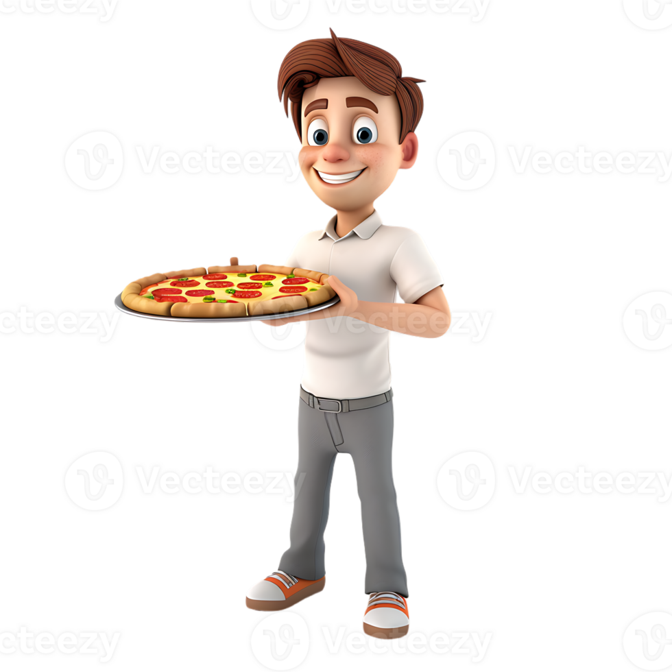 A cartoon character holds a pizza while a man stands isolated in the background png
