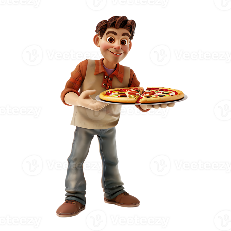 A cartoon character holds a pizza while a man stands isolated in the background png