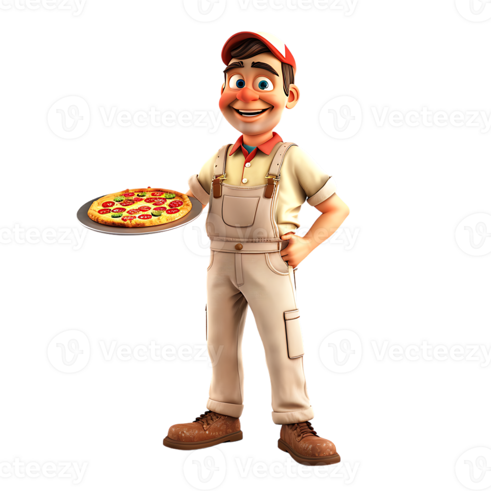 A cartoon character holds a pizza while a man stands isolated in the background png