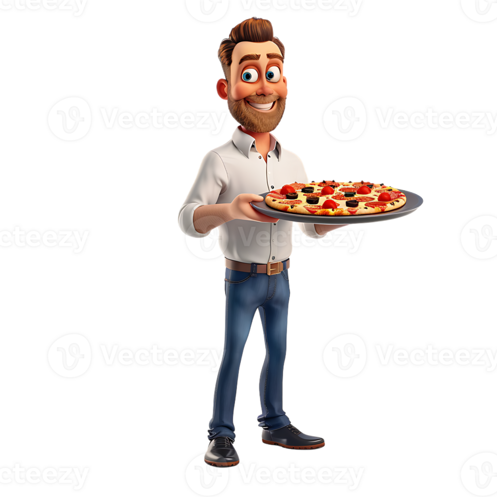 A cartoon character holds a pizza while a man stands isolated in the background png