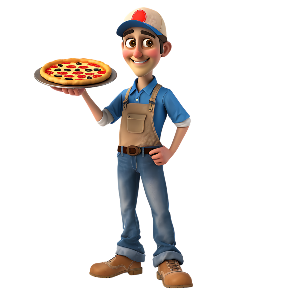A cartoon character holds a pizza while a man stands isolated in the background png
