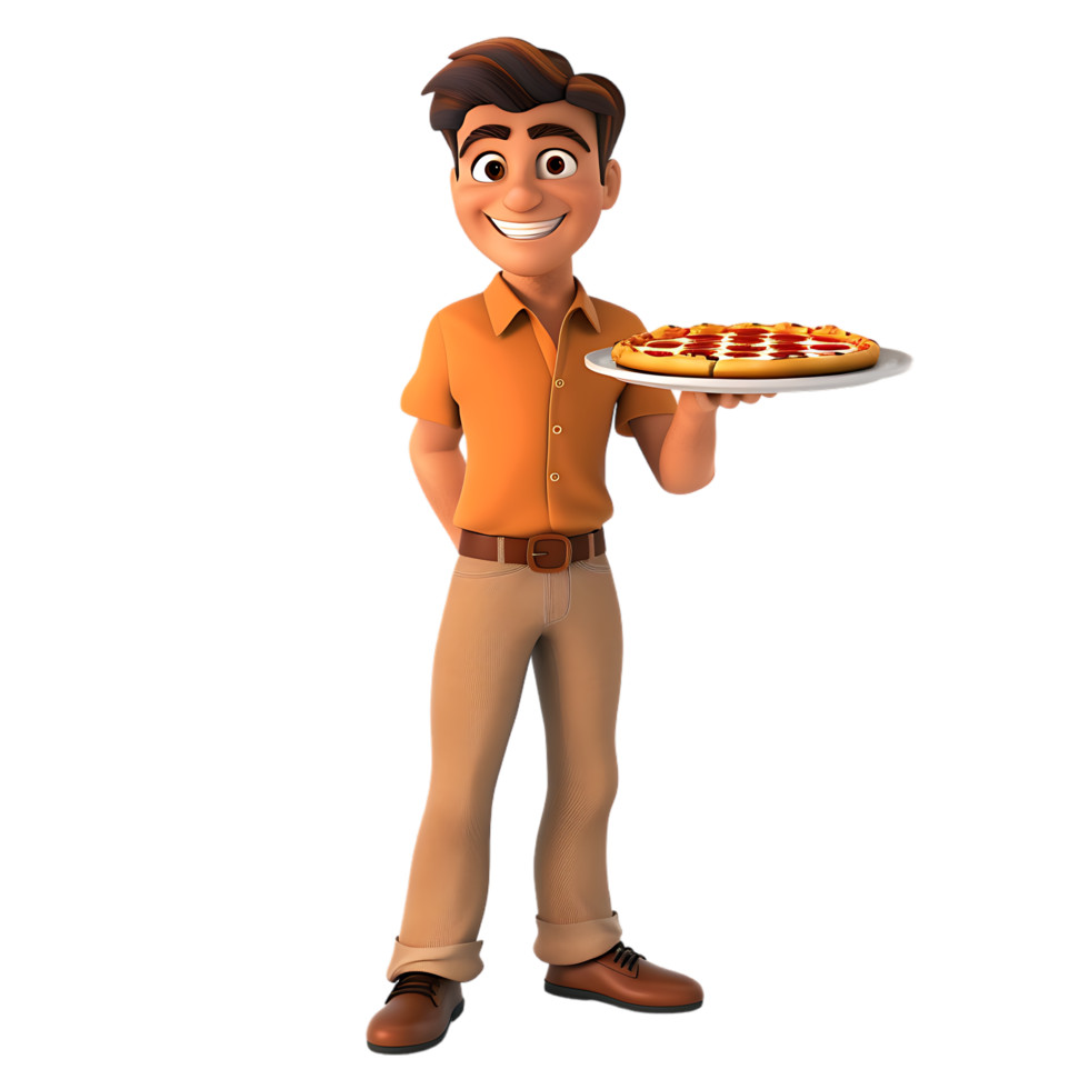 A cartoon character holds a pizza while a man stands isolated in the background png