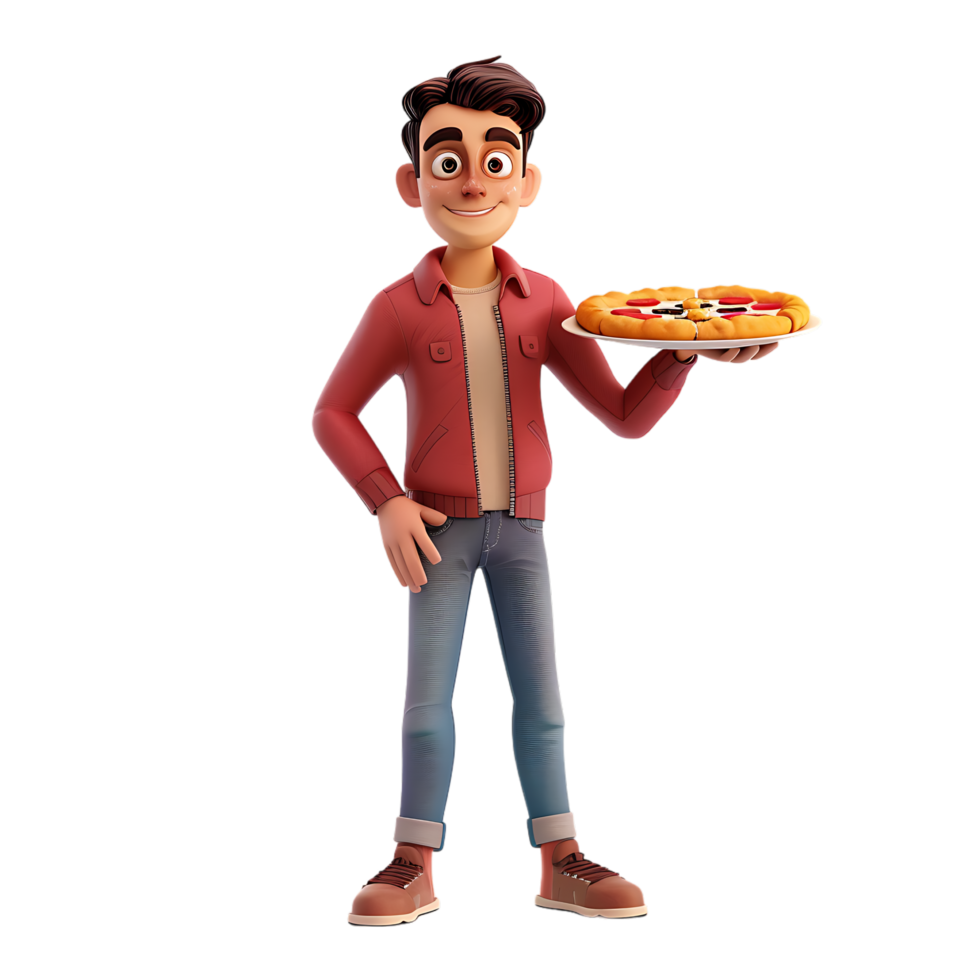 A cartoon character holds a pizza while a man stands isolated in the background png