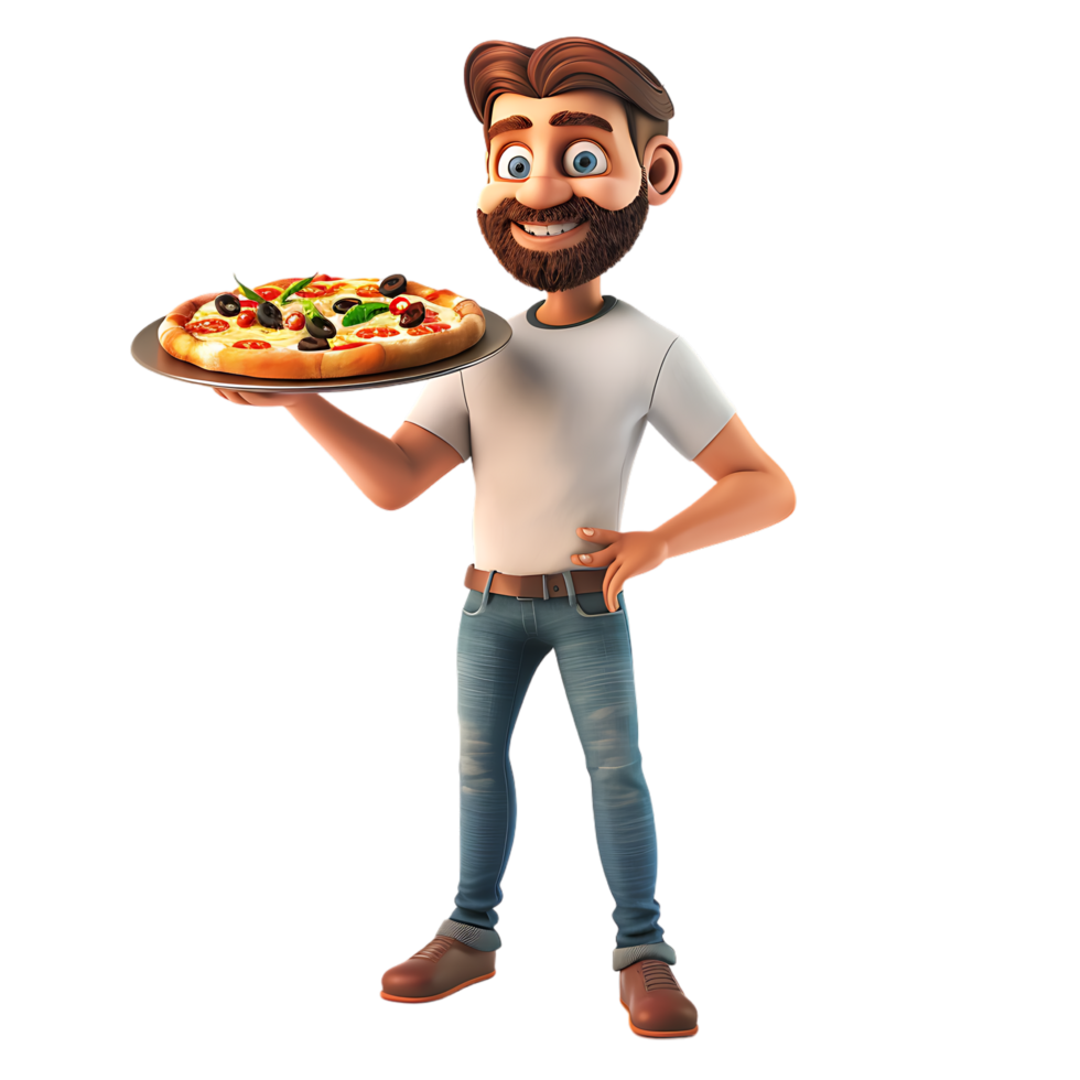 A cartoon character holds a pizza while a man stands isolated in the background png