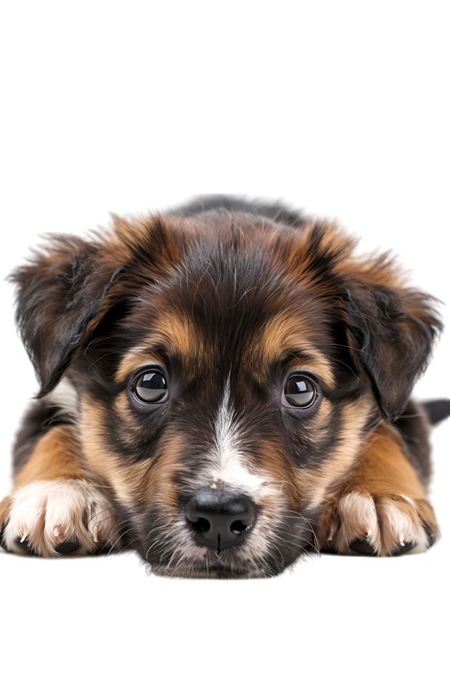 A charming puppy leaning against the floor is captured in isolation png