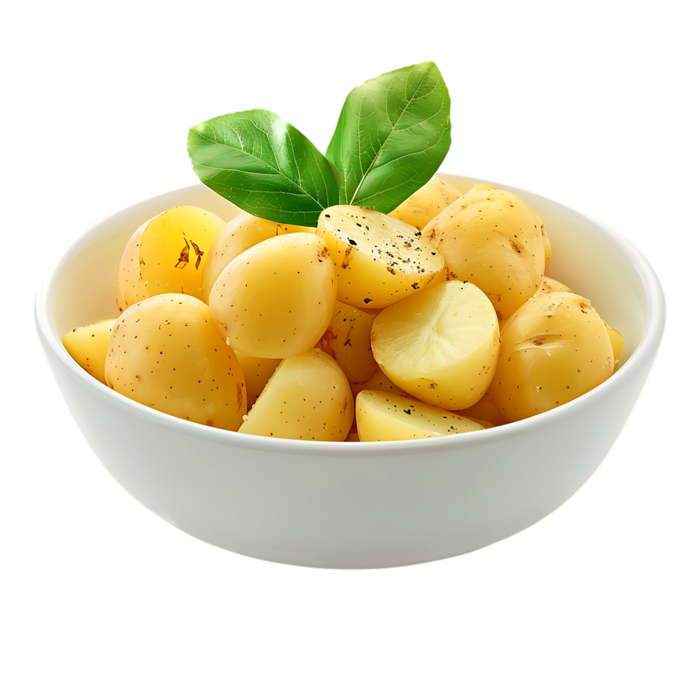 A bowl of potatoes with a green leaf on top isolated on a transparent background png