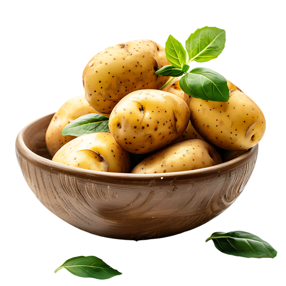 A bowl of potatoes with a green leaf on top isolated on a transparent background png