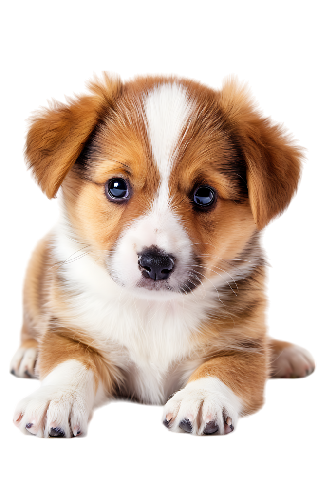 A charming puppy leaning against the floor is captured in isolation png