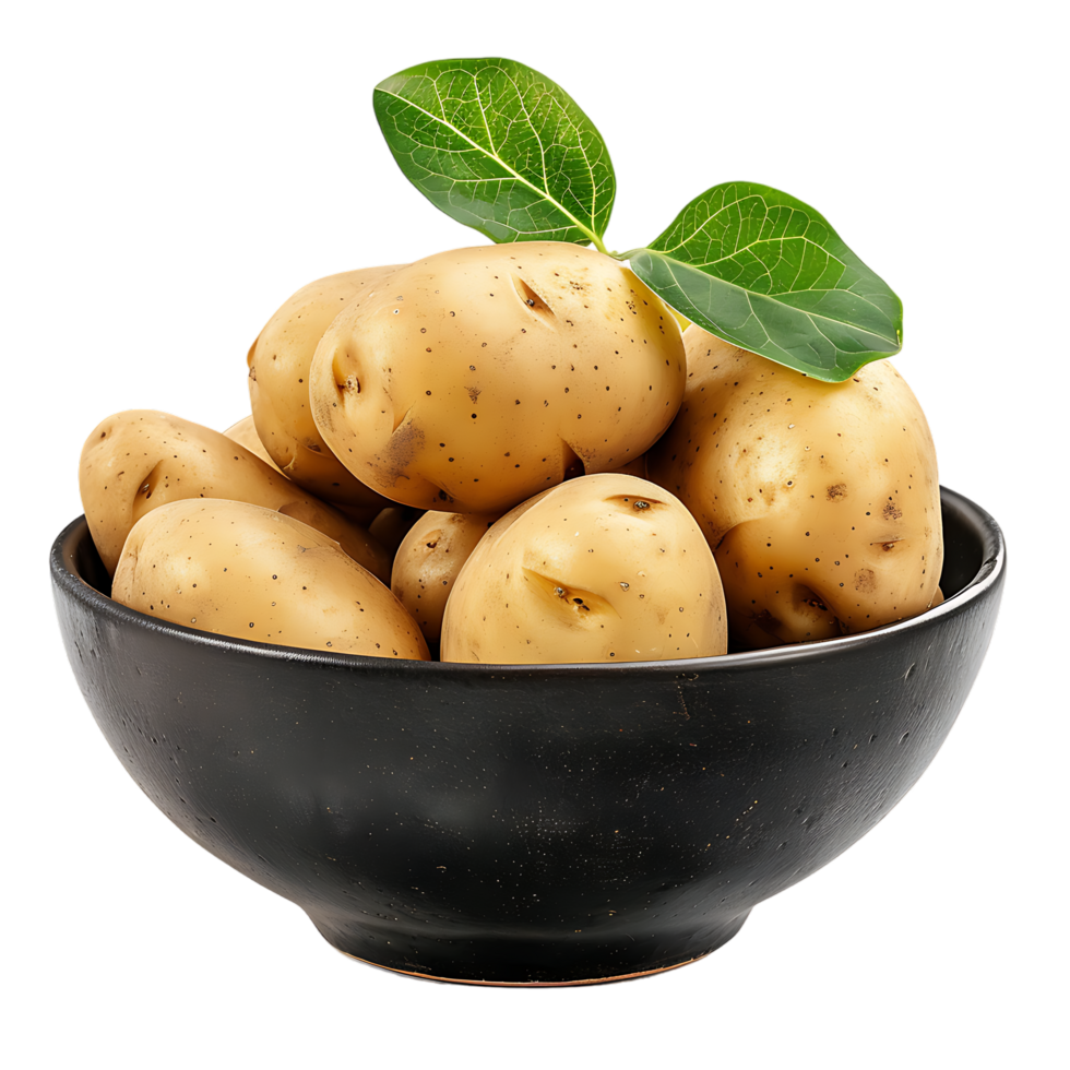 A bowl of potatoes with a green leaf on top isolated on a transparent background png
