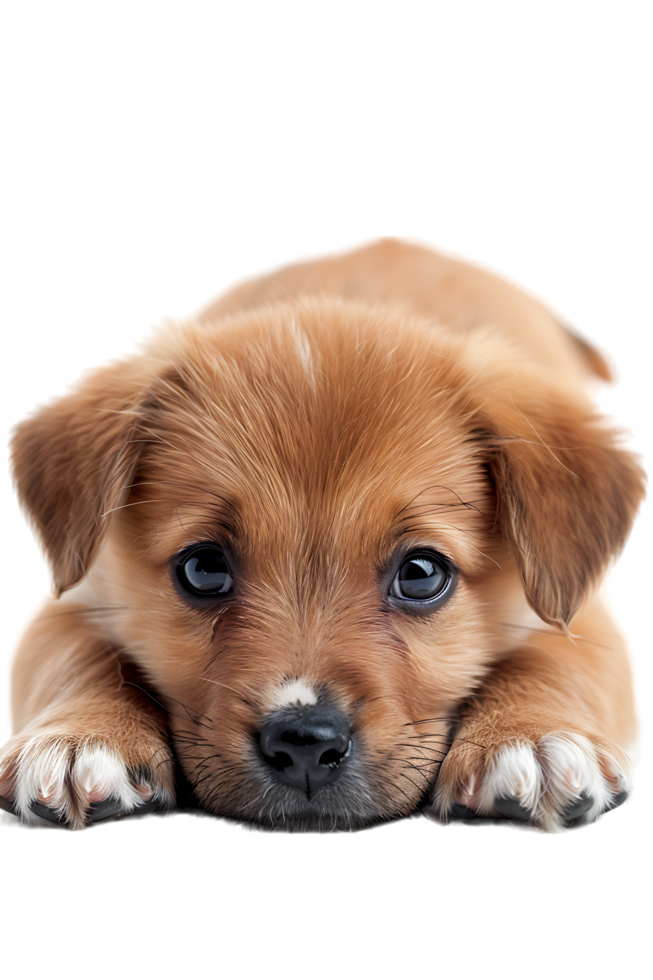 A charming puppy leaning against the floor is captured in isolation png