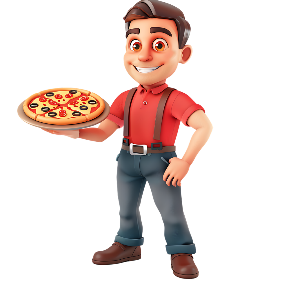 A cartoon character holds a pizza while a man stands isolated in the background png