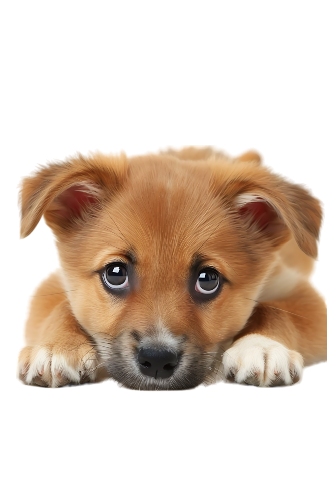 A charming puppy leaning against the floor is captured in isolation png