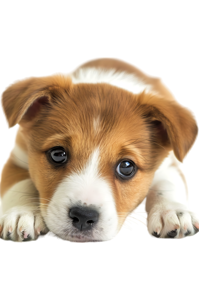 A charming puppy leaning against the floor is captured in isolation png