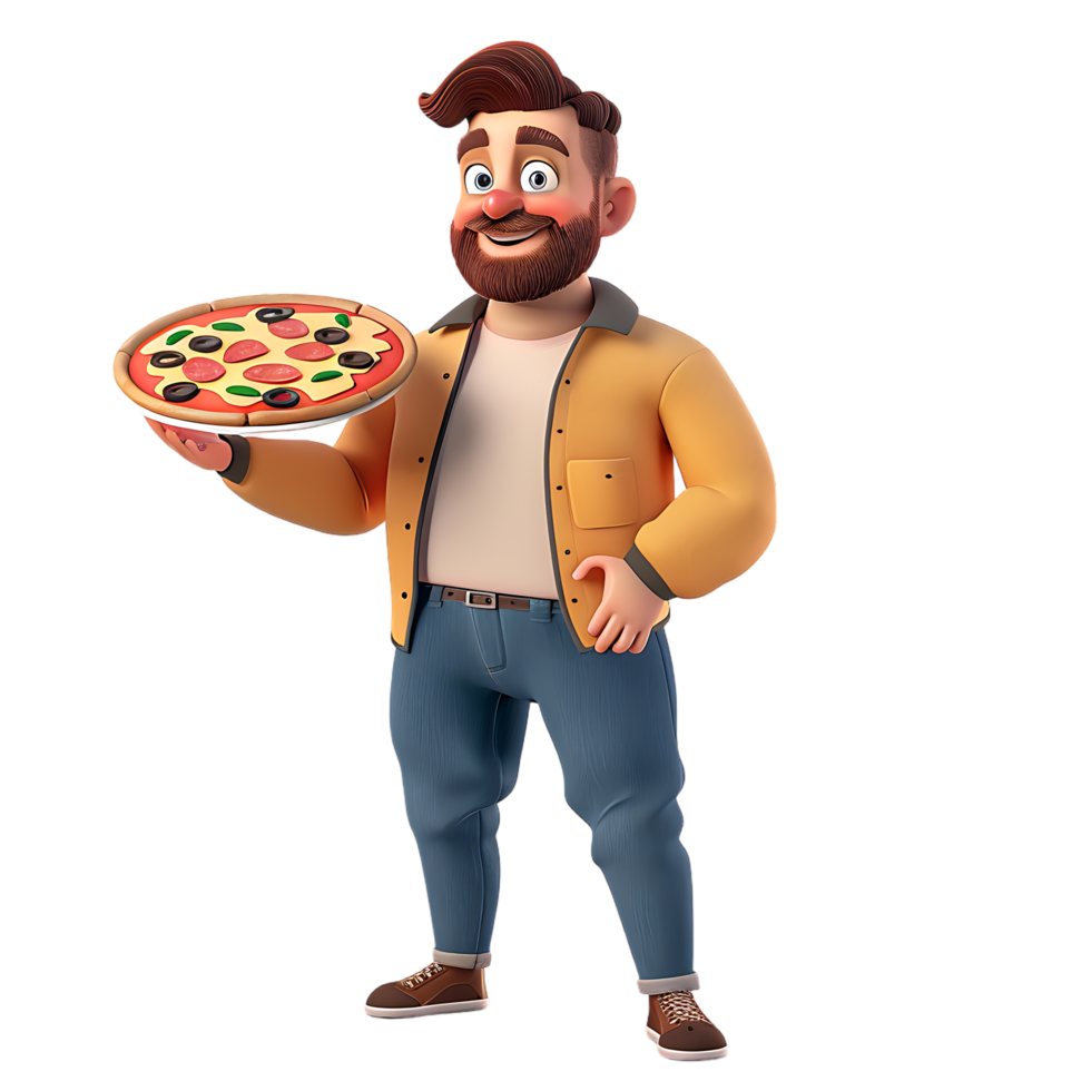 A cartoon character holds a pizza while a man stands isolated in the background png