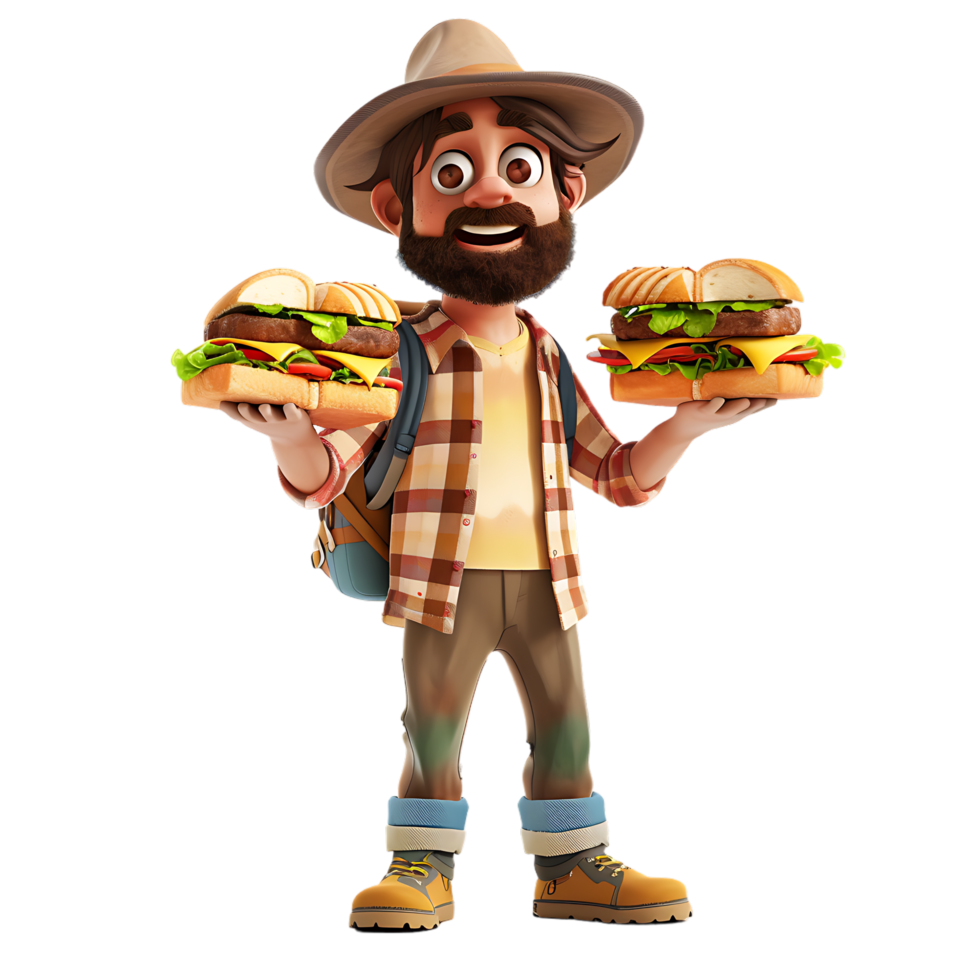 A cartoon character watches as a man with a beard and a hat holds sandwiches png
