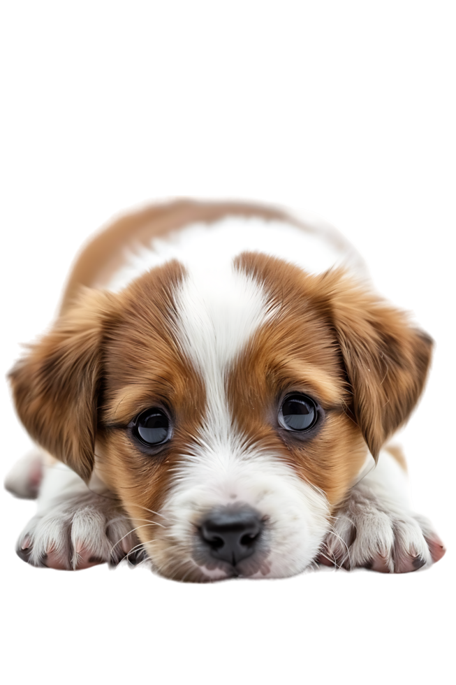 A charming puppy leaning against the floor is captured in isolation png
