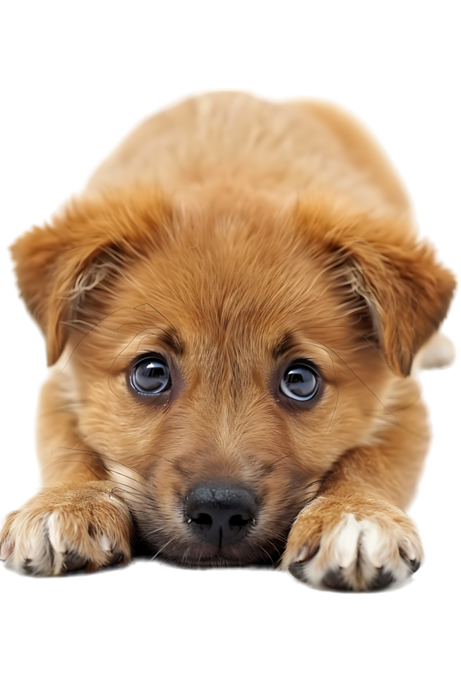 A charming puppy leaning against the floor is captured in isolation png