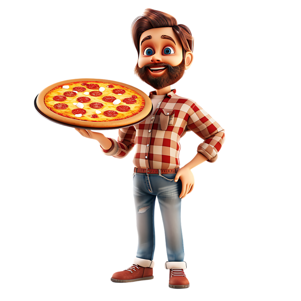 A cartoon character holds a pizza while a man stands isolated in the background png