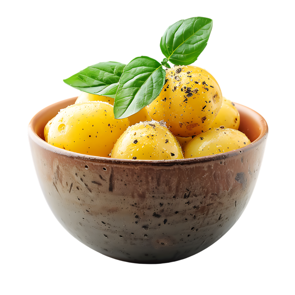 A bowl of potatoes with a green leaf on top isolated on a transparent background png